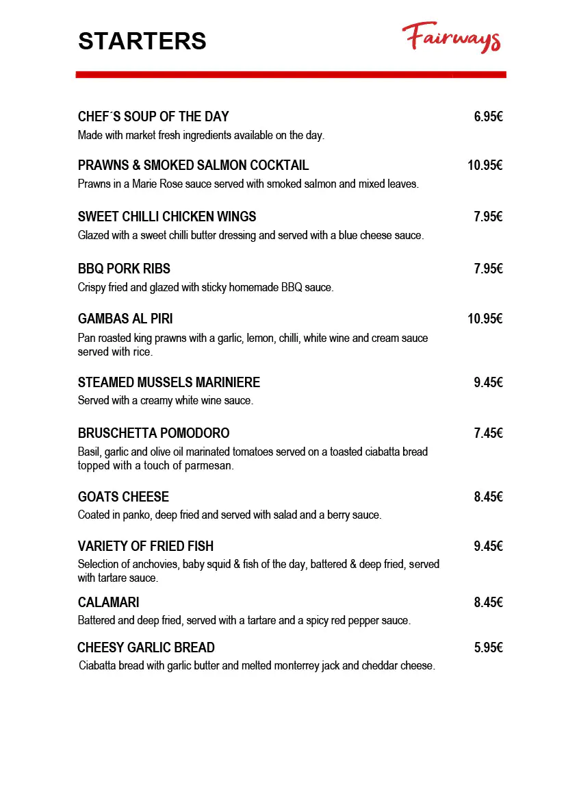 Fairways Restaurant Daily Menu 1 november 2024