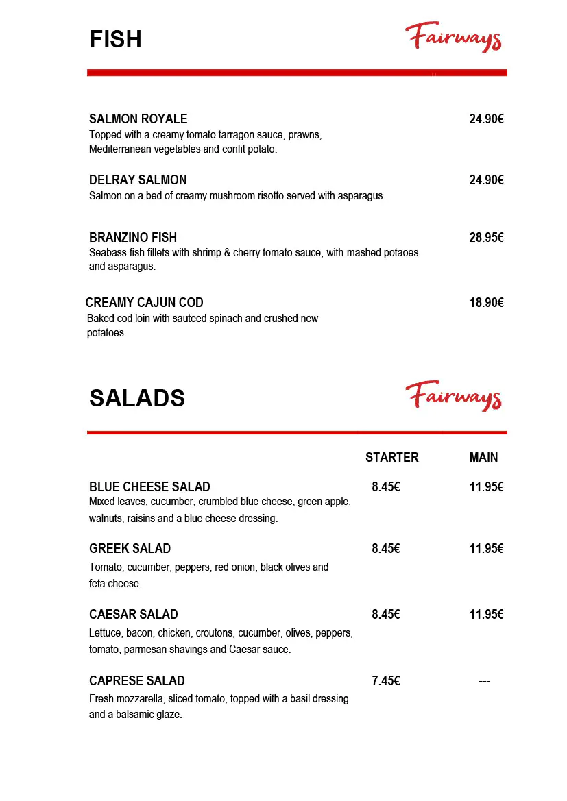 Fairways Restaurant Daily Menu 4 november 2024