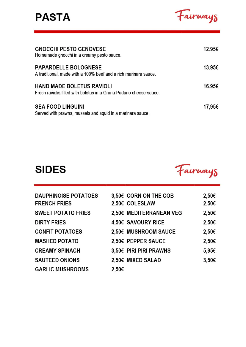 Fairways Restaurant Daily Menu 5 november 2024