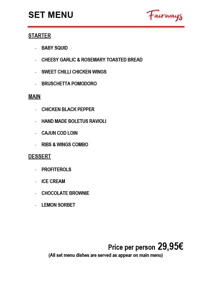 Fairways Restaurant Daily Menu 6 november 2024